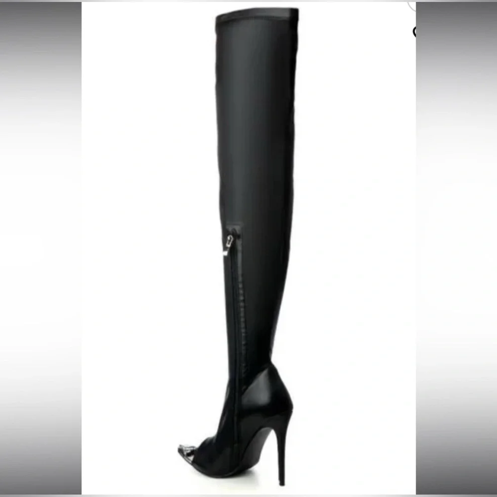 Azalea Wang “Clover” Over-the-Knee Peep-Toe Boots Size 9 Black